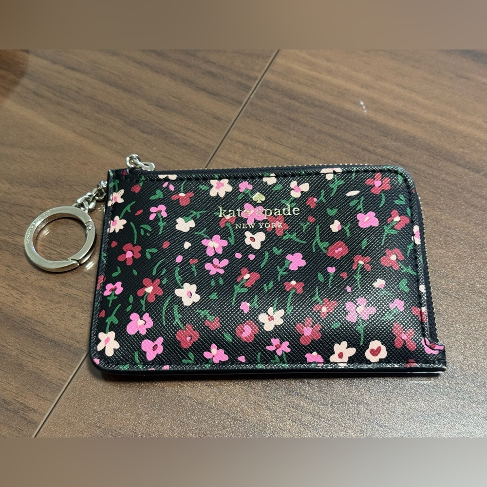 kate spade Black Floral Zip Card Case with Keyring